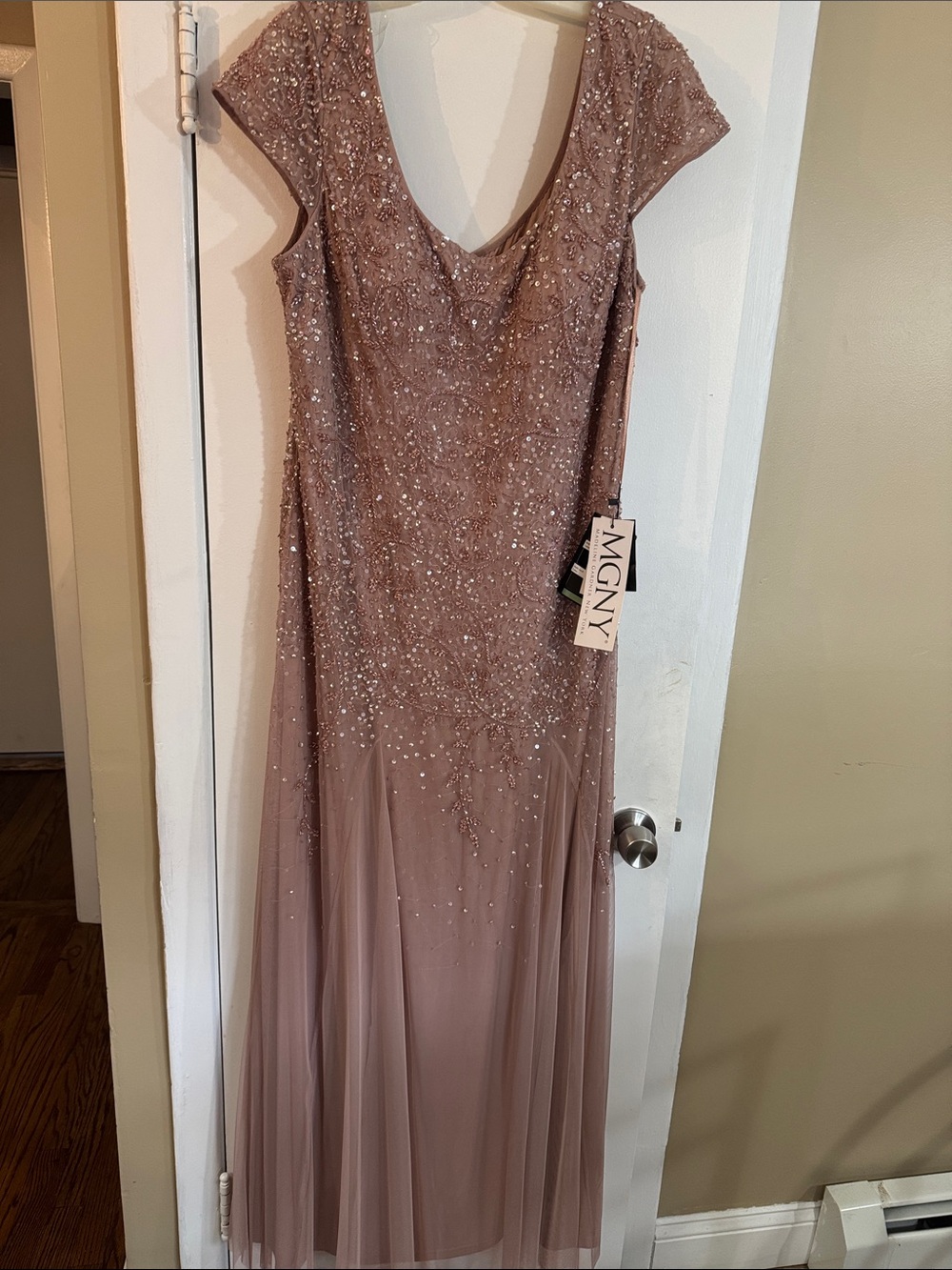 MGNY Dusty Rose Beaded Maxi Dress